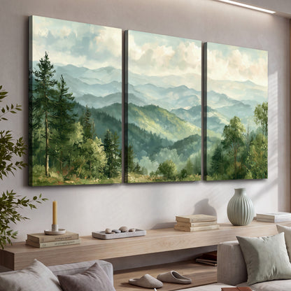 Green mountain valley painting 3 piece canvas wall art in a living room above a console