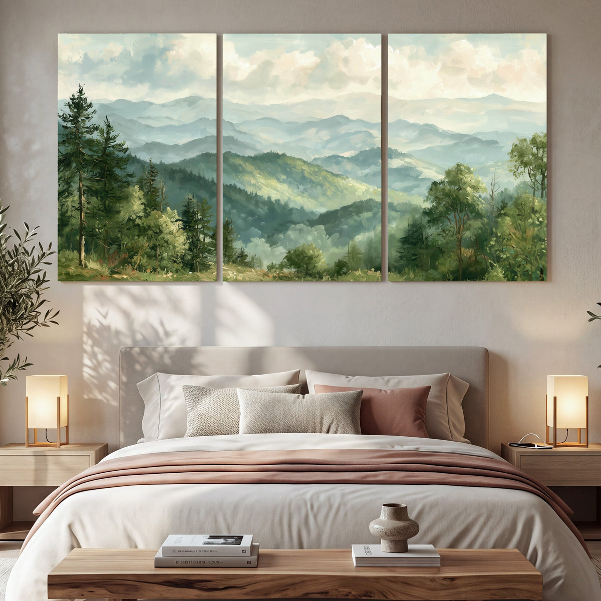 Green mountain valley painting 3 piece canvas wall art in a bedroom above the bed