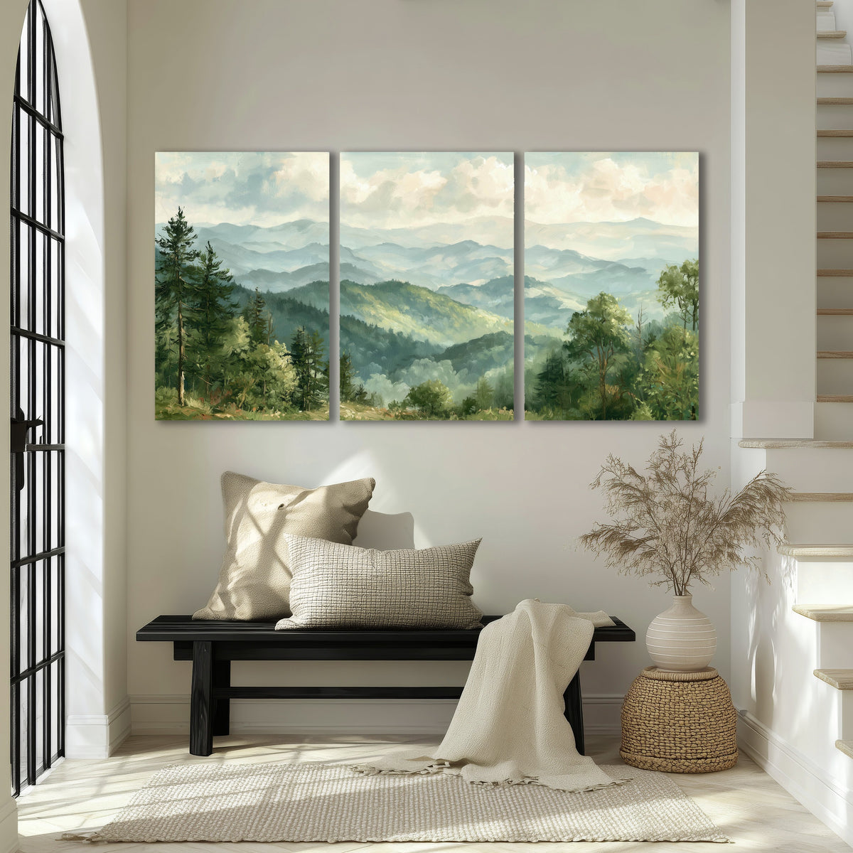 Green mountain valley painting 3 piece canvas wall art in an entryway above a bench