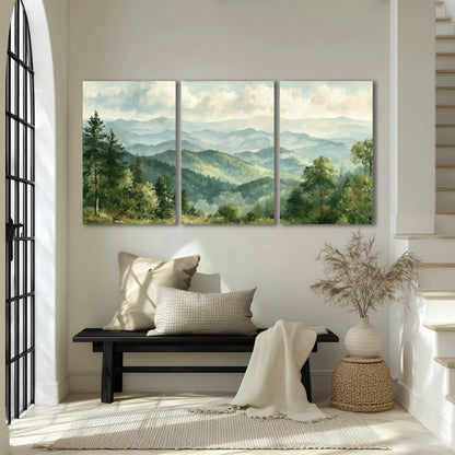 Green mountain valley painting 3 piece canvas wall art in an entryway above a bench