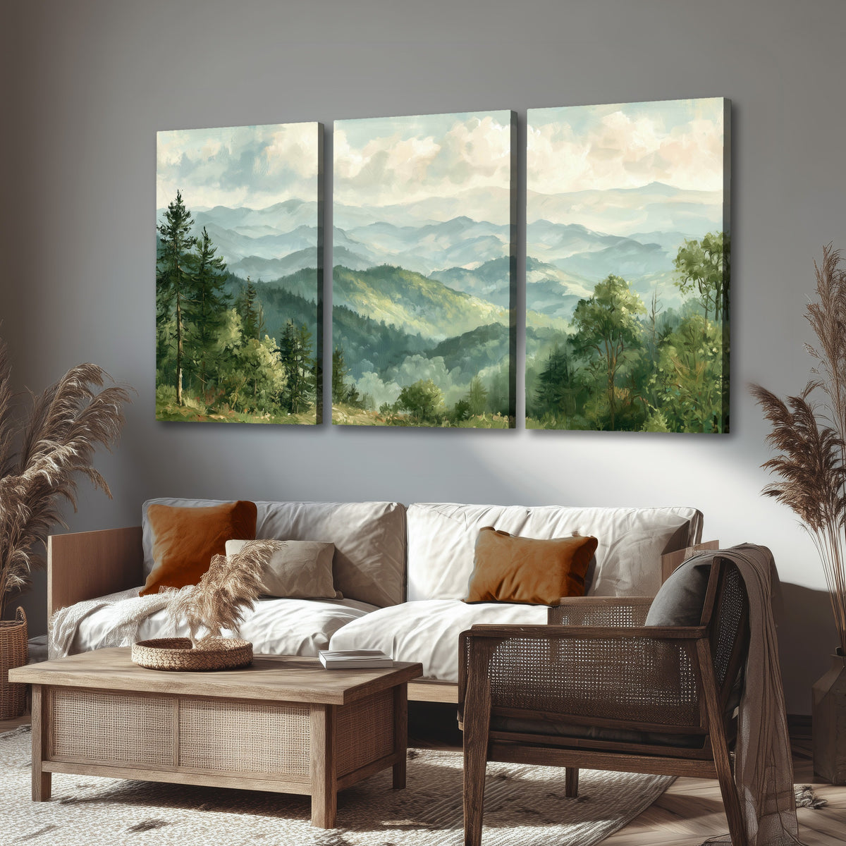 Green mountain valley painting 3 piece canvas wall art in a rustic living room