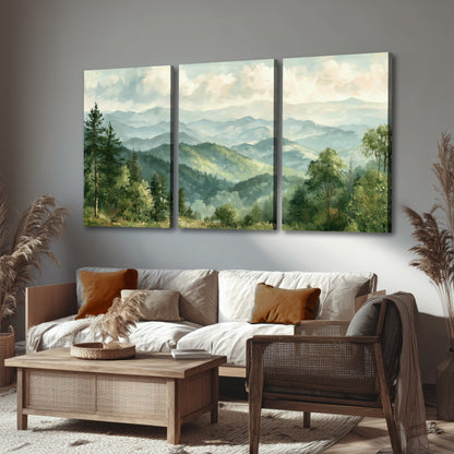 Green mountain valley painting 3 piece canvas wall art in a rustic living room