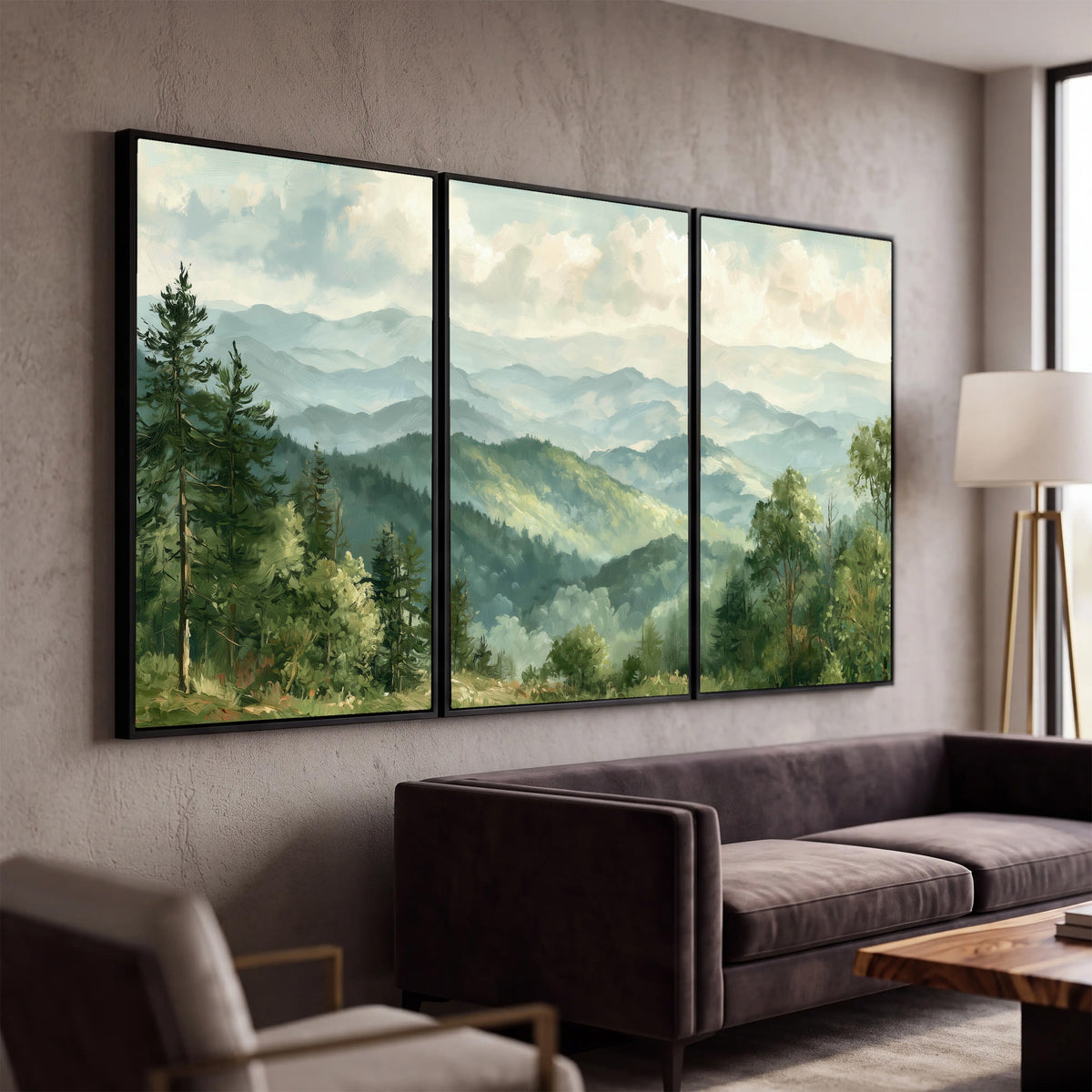 Green mountain valley painting 3 piece canvas wall art in a modern living room