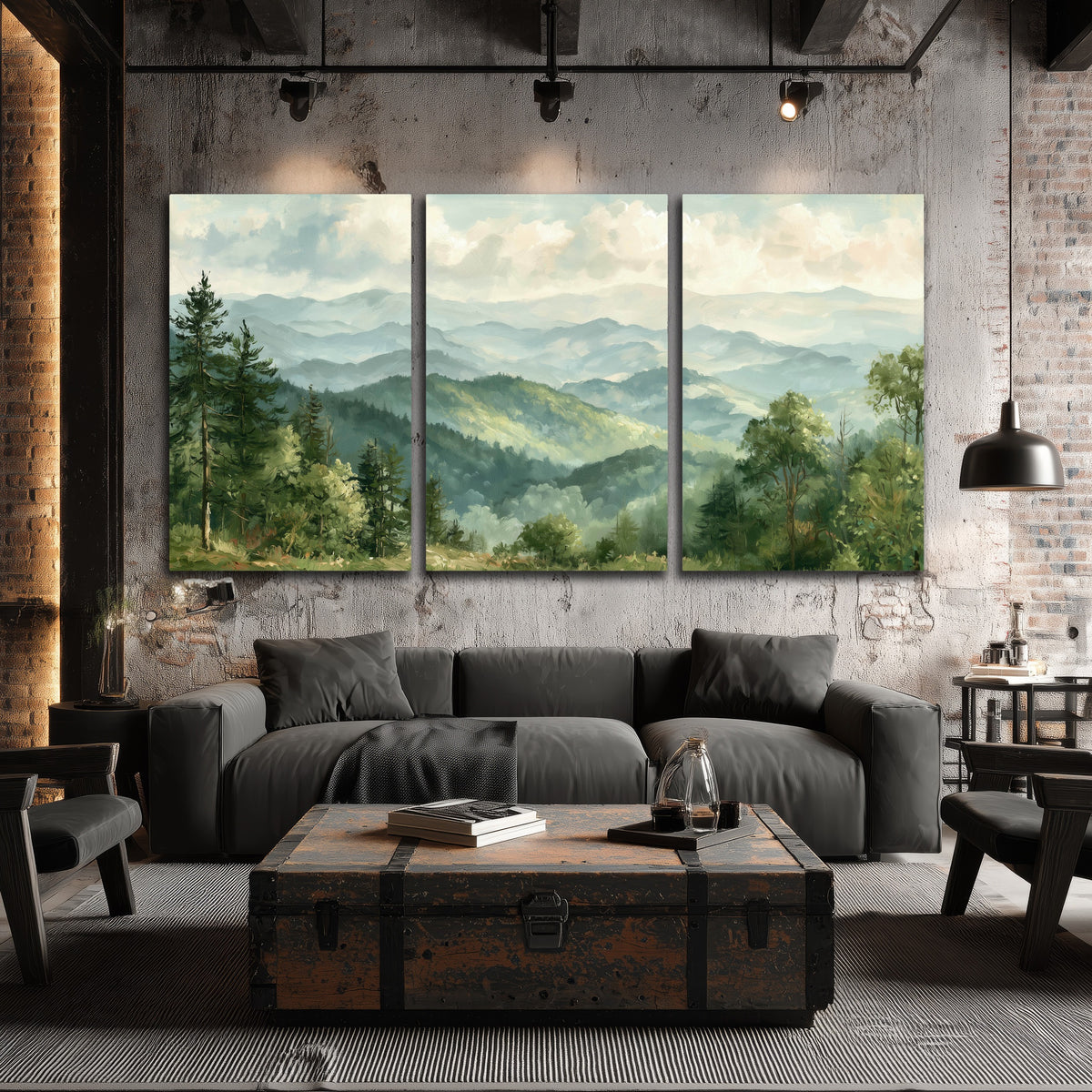 Green mountain valley painting 3 piece canvas wall art in an industrial loft