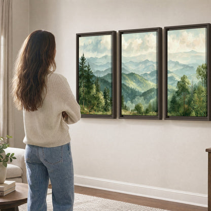 Green mountain valley painting 3 piece framed canvas in a living room
