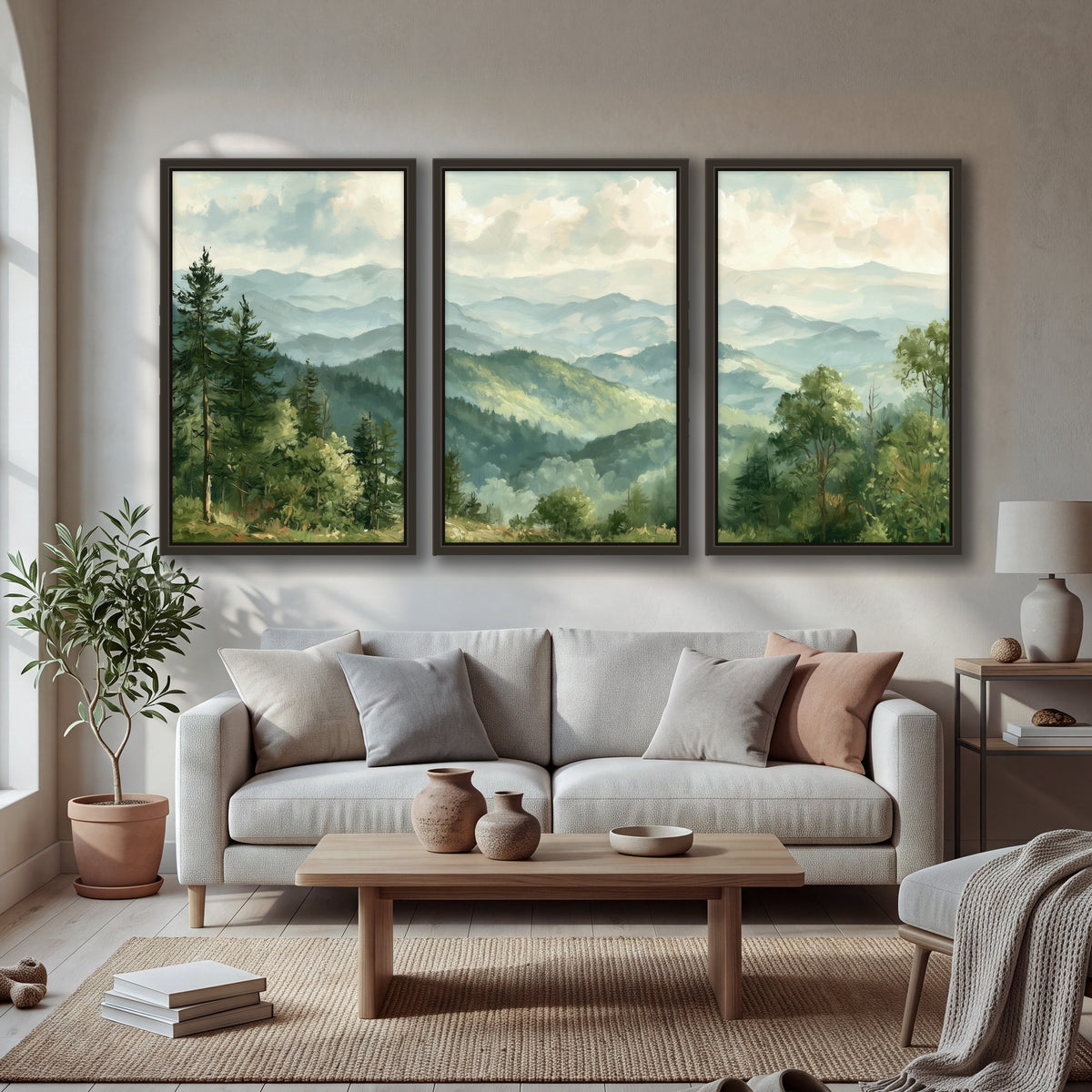 Green mountain valley painting 3 piece framed canvas in a bright living room