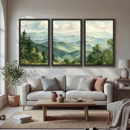 Green mountain valley painting 3 piece framed canvas in a bright living room