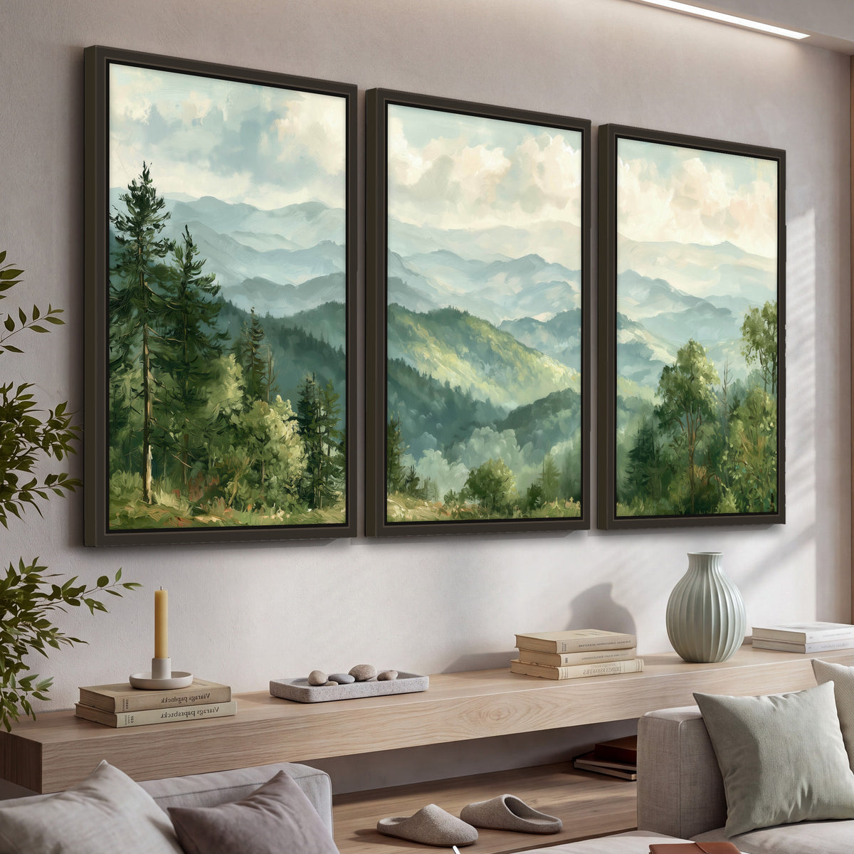 Green mountain valley painting 3 piece framed canvas in a living room above a console