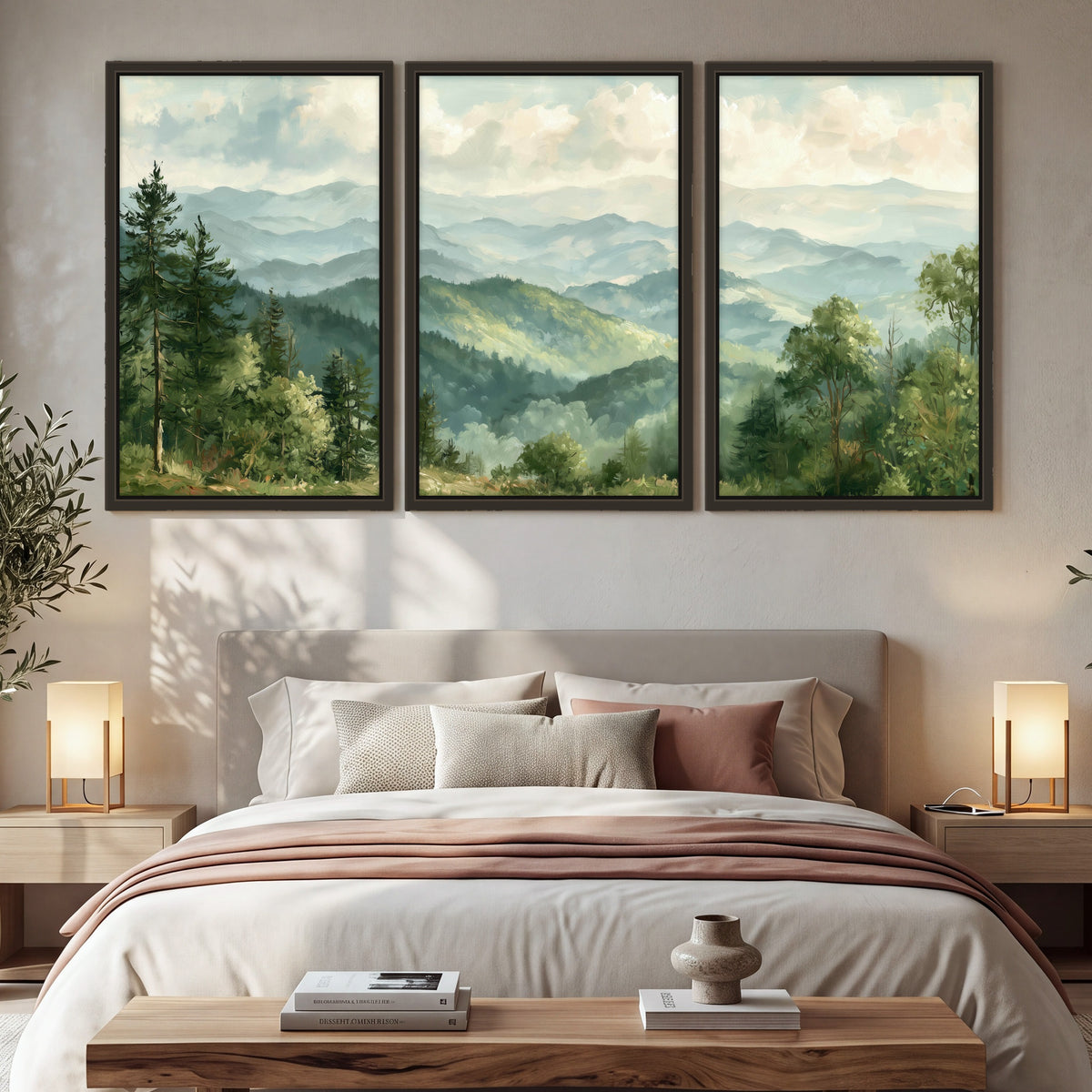 Green mountain valley painting 3 piece framed canvas in a bedroom above the bed