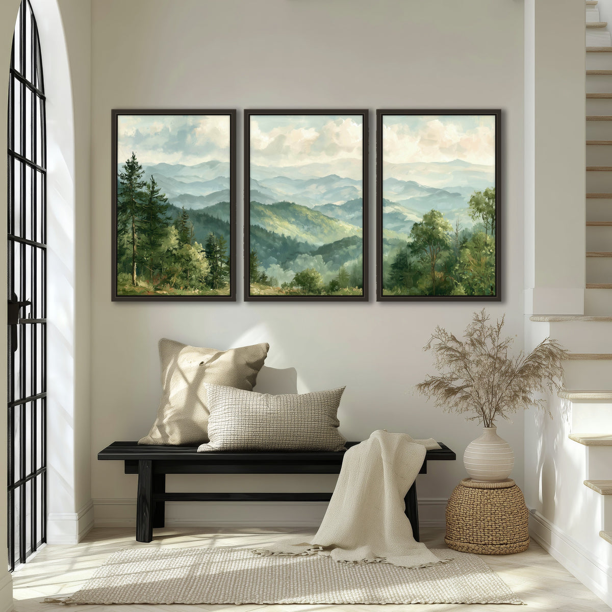 Green mountain valley painting 3 piece framed canvas in an entryway above a bench