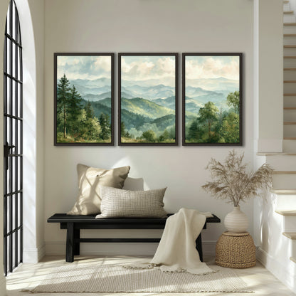 Green mountain valley painting 3 piece framed canvas in an entryway above a bench