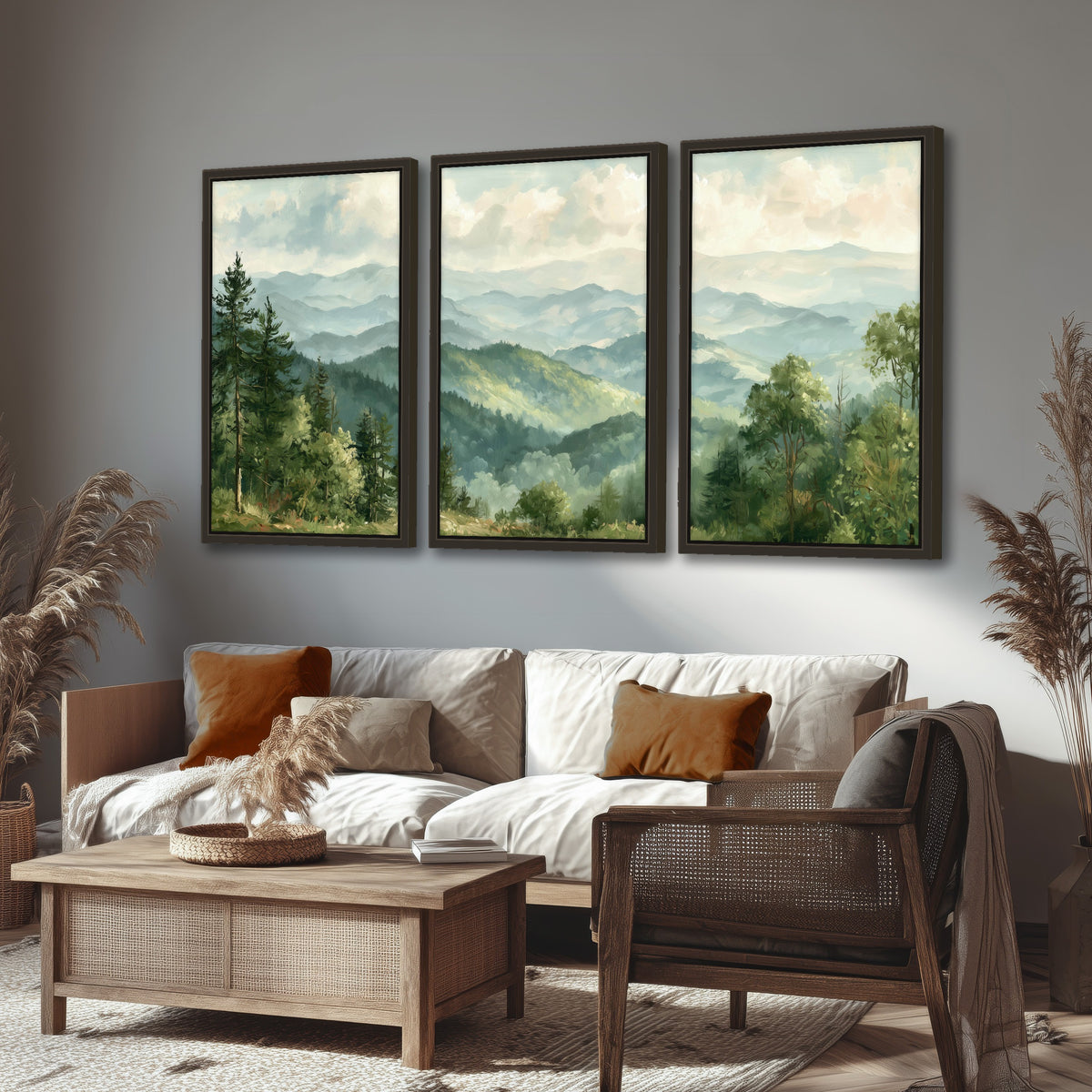 Green mountain valley painting 3 piece framed canvas in a rustic living room