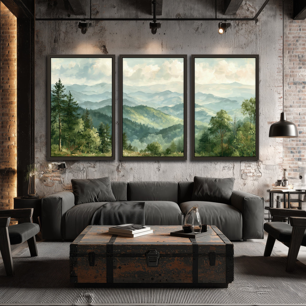 Green mountain valley painting 3 piece framed canvas in an industrial loft