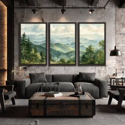 Green mountain valley painting 3 piece framed canvas in an industrial loft