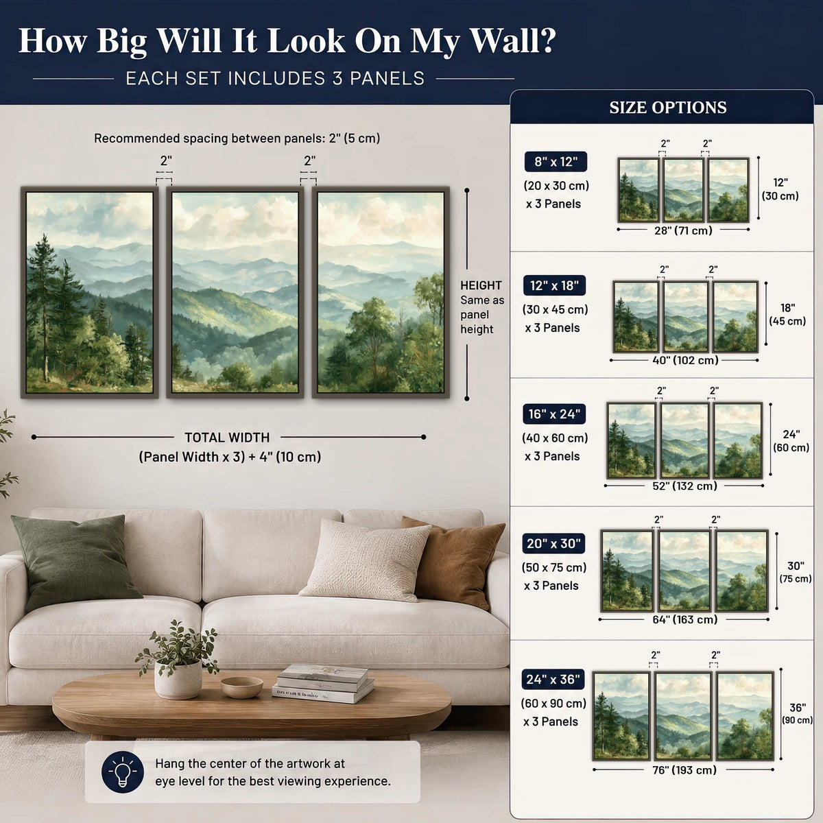 Green mountain valley painting 3 piece framed canvas size guide above a sofa