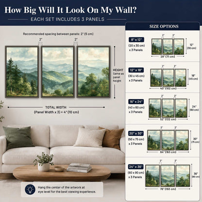 Green mountain valley painting 3 piece framed canvas size guide above a sofa
