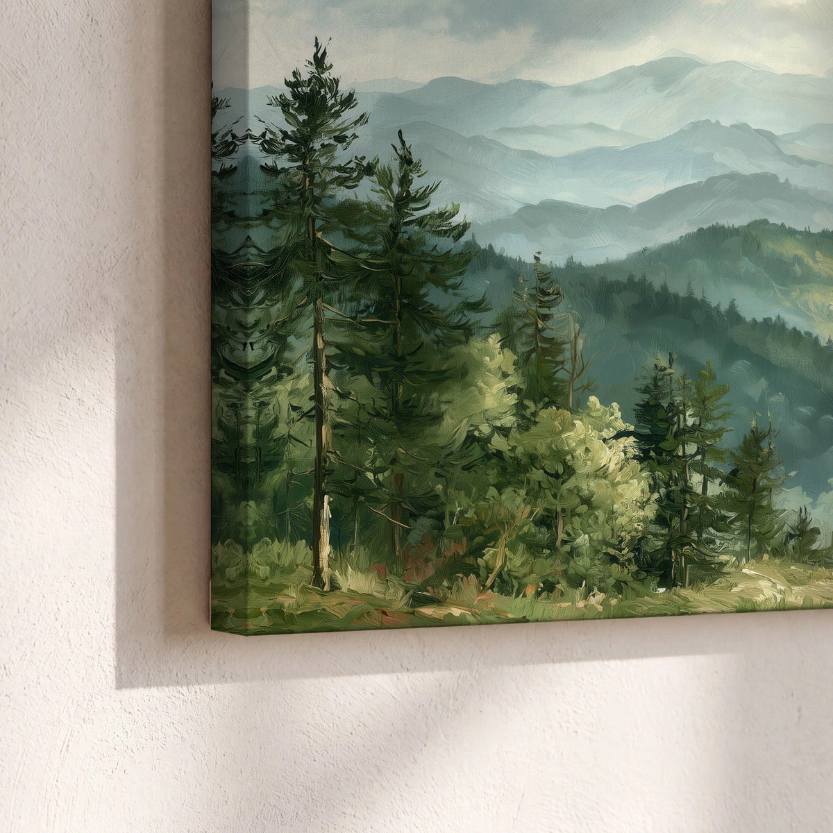 Green mountain valley painting canvas print close-up showing the gallery-wrapped edge