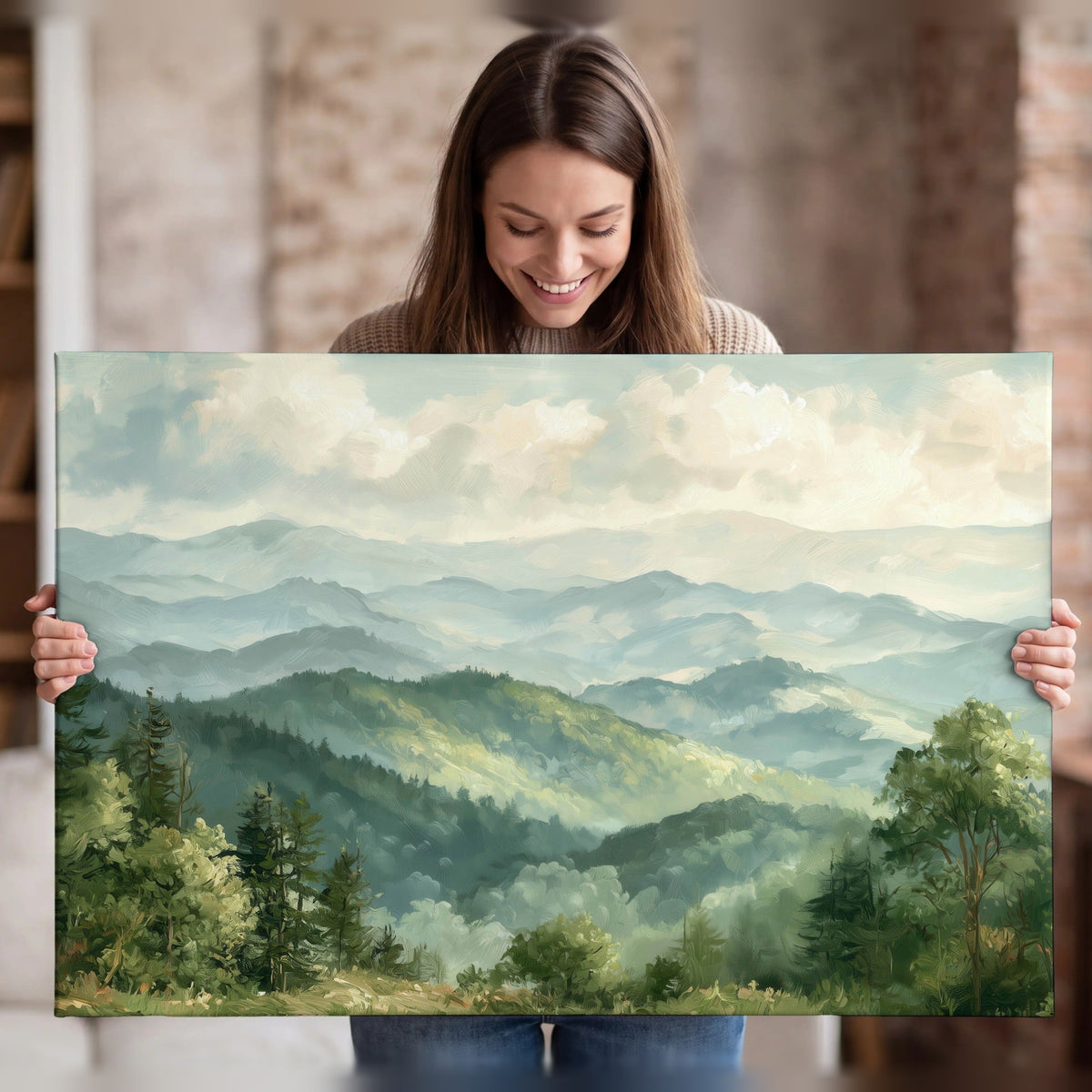 Green mountain valley painting canvas wall art held in hands