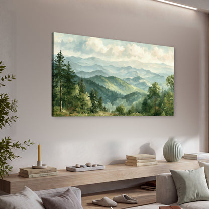 Green mountain valley painting canvas wall art in a living room above a console