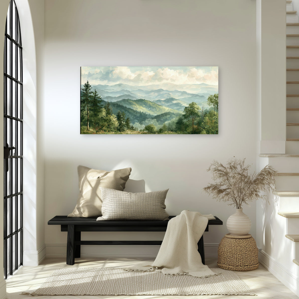 Green mountain valley painting canvas wall art in an entryway above a bench