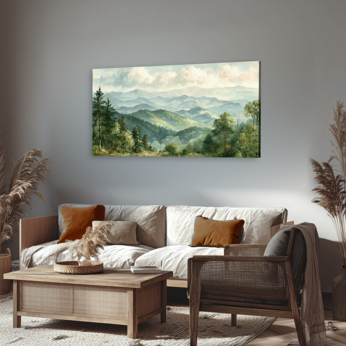 Green mountain valley painting canvas wall art in a rustic living room
