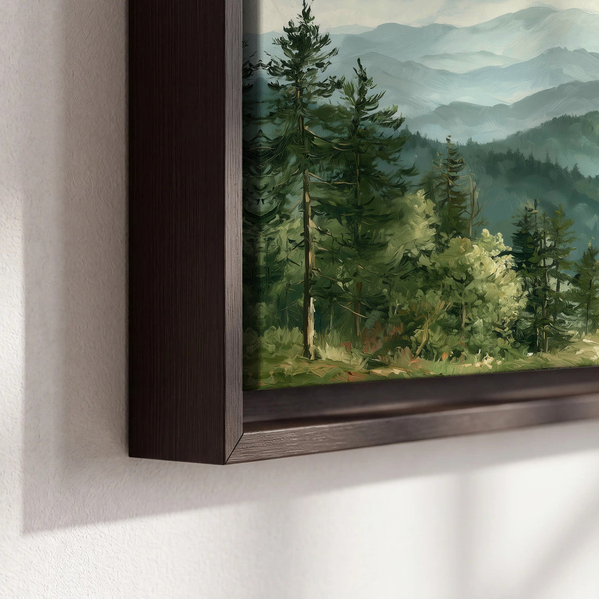 Green mountain valley painting framed canvas close-up showing the floating frame