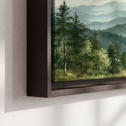 Green mountain valley painting framed canvas close-up showing the floating frame