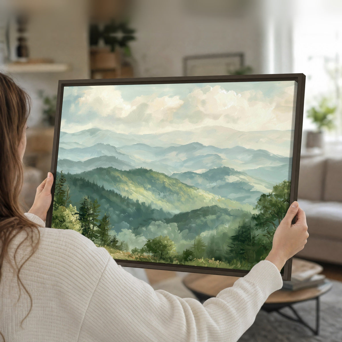 Green mountain valley painting framed canvas held in hands
