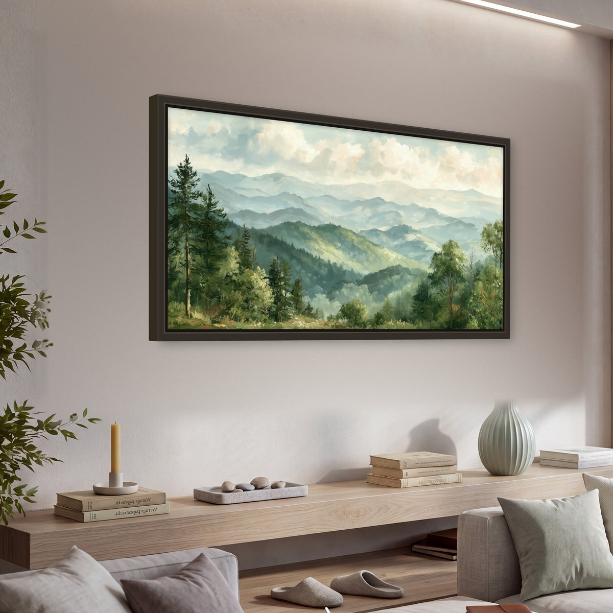 Green mountain valley painting framed canvas wall art in a living room above a console