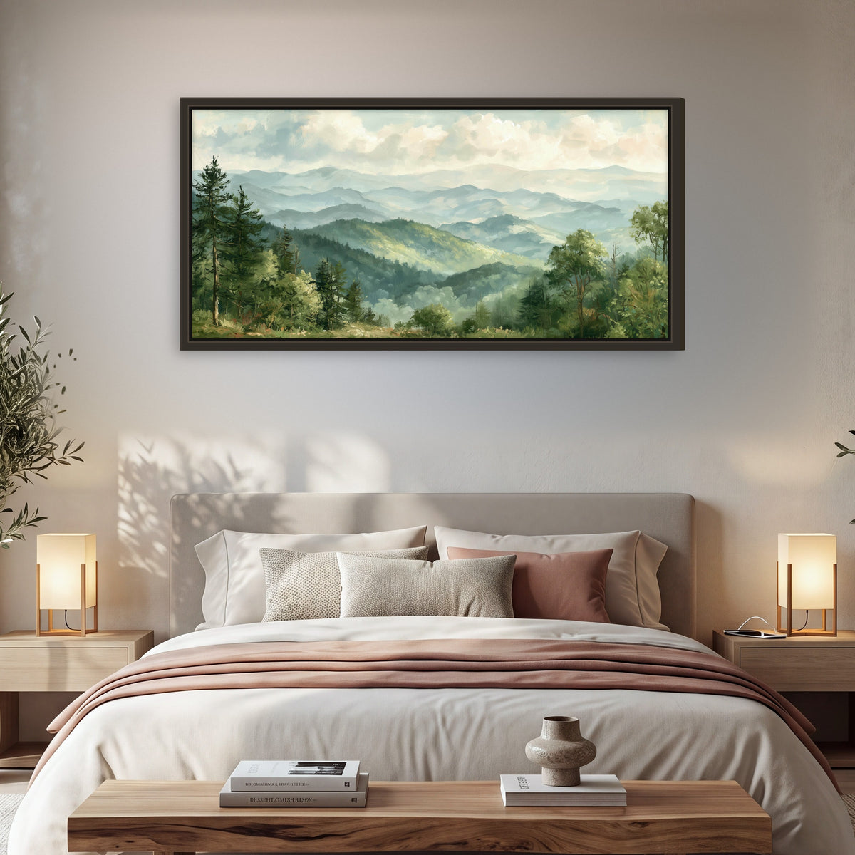 Green mountain valley painting framed canvas wall art in a bedroom above the bed