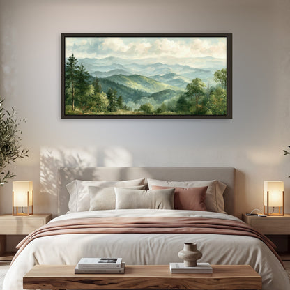 Green mountain valley painting framed canvas wall art in a bedroom above the bed
