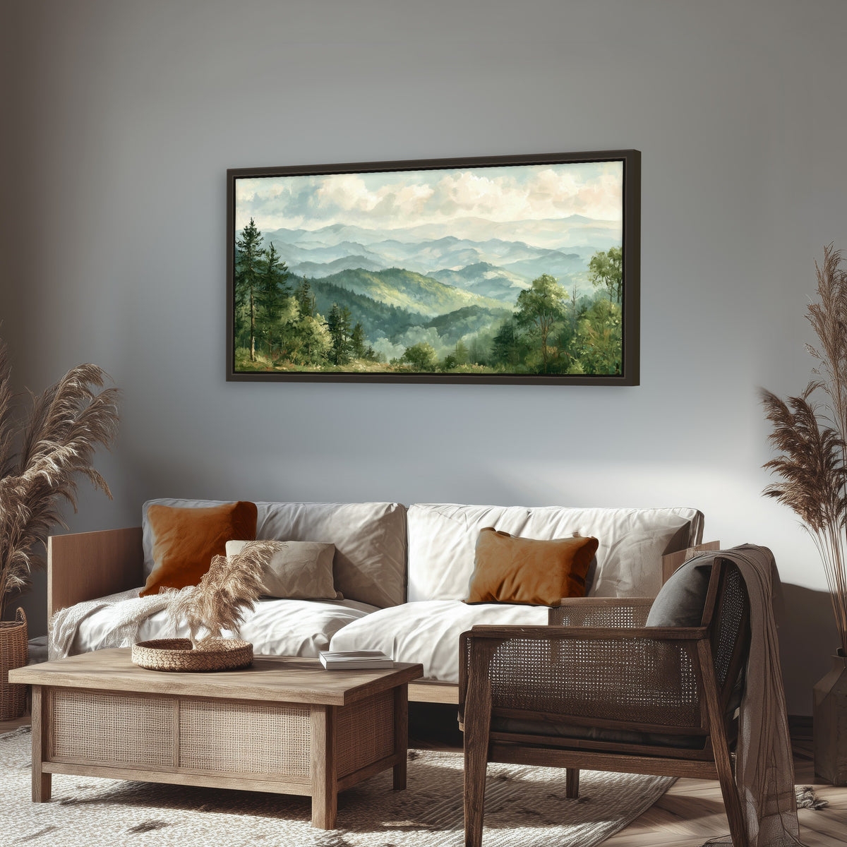 Green mountain valley painting framed canvas wall art in a rustic living room