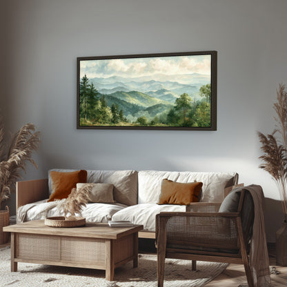 Green mountain valley painting framed canvas wall art in a rustic living room
