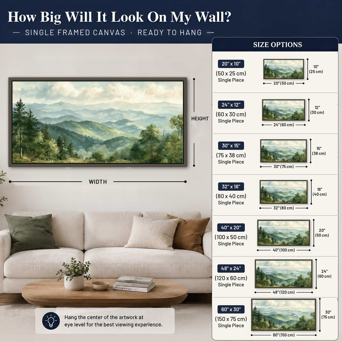 Green mountain valley painting framed canvas wall art size guide above a sofa