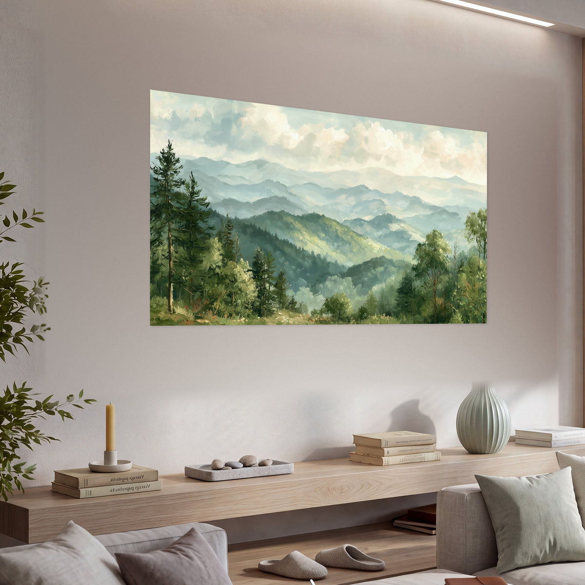 Green mountain valley painting poster print in a living room above a console