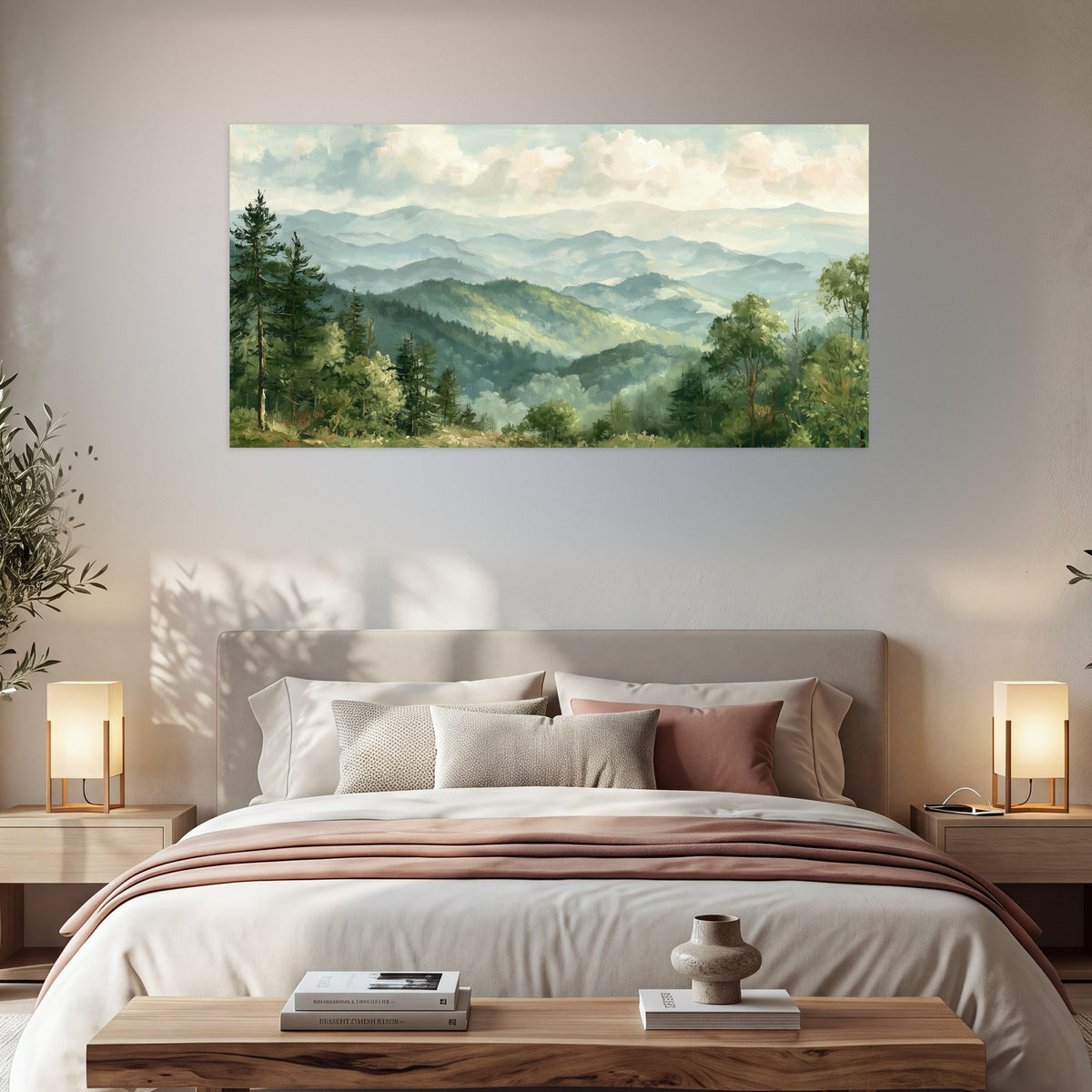 Green mountain valley painting poster print in a bedroom above the bed