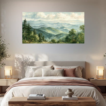 Green mountain valley painting poster print in a bedroom above the bed