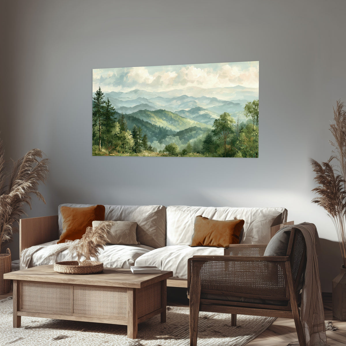 Green mountain valley painting poster print in a rustic living room