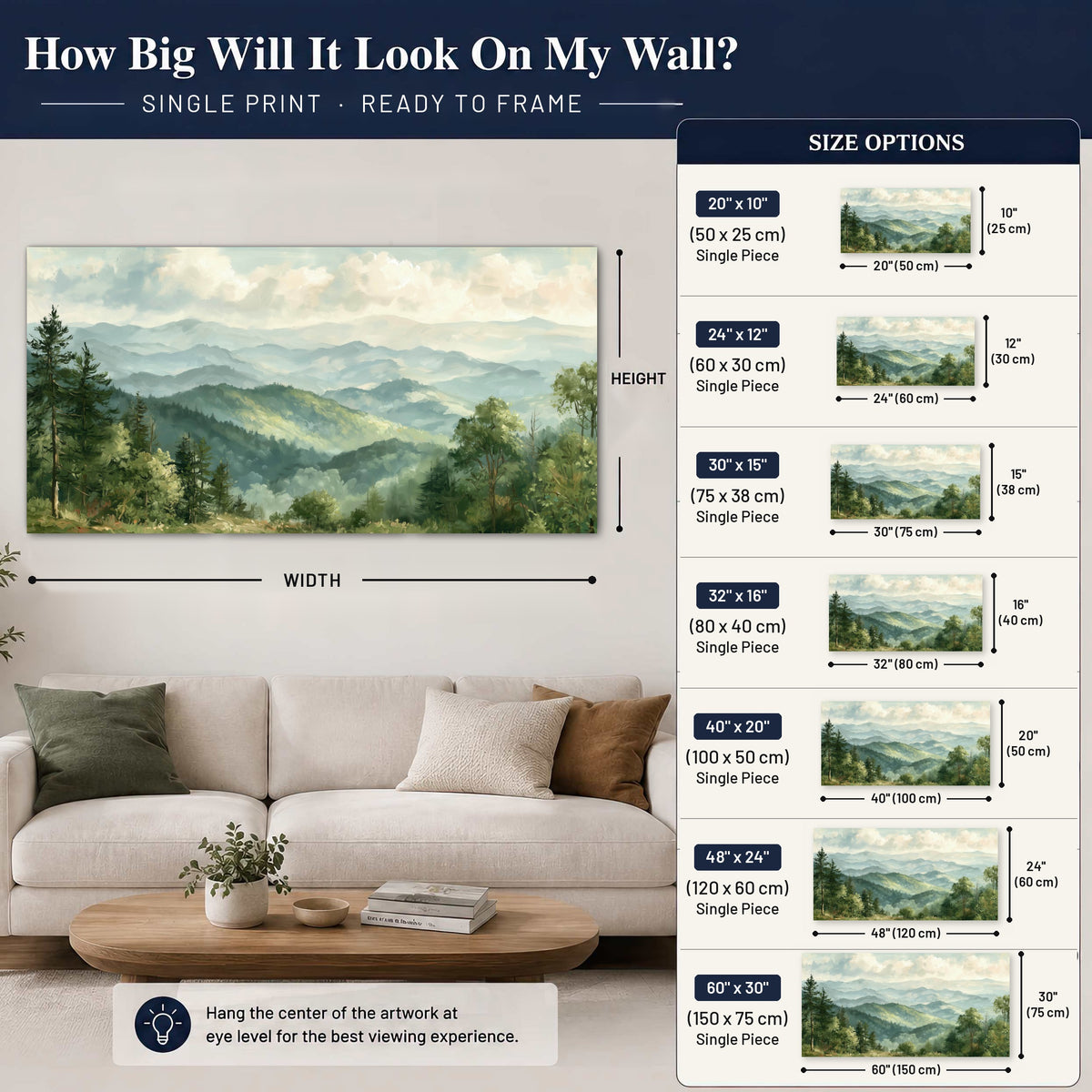 Green mountain valley painting poster print size guide above a sofa