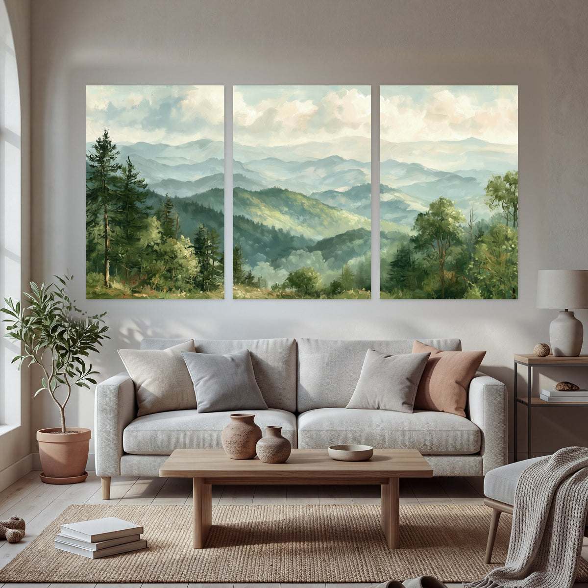Green mountain valley painting set of 3 poster prints in a bright living room