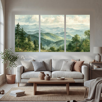 Green mountain valley painting set of 3 poster prints in a bright living room