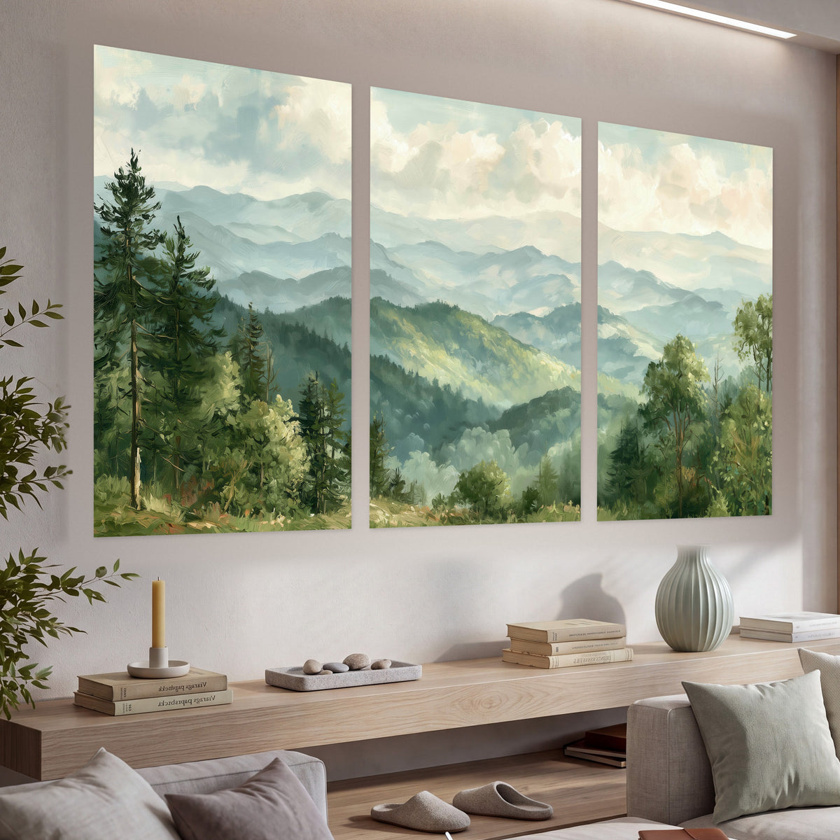Green mountain valley painting set of 3 poster prints in a living room above a console