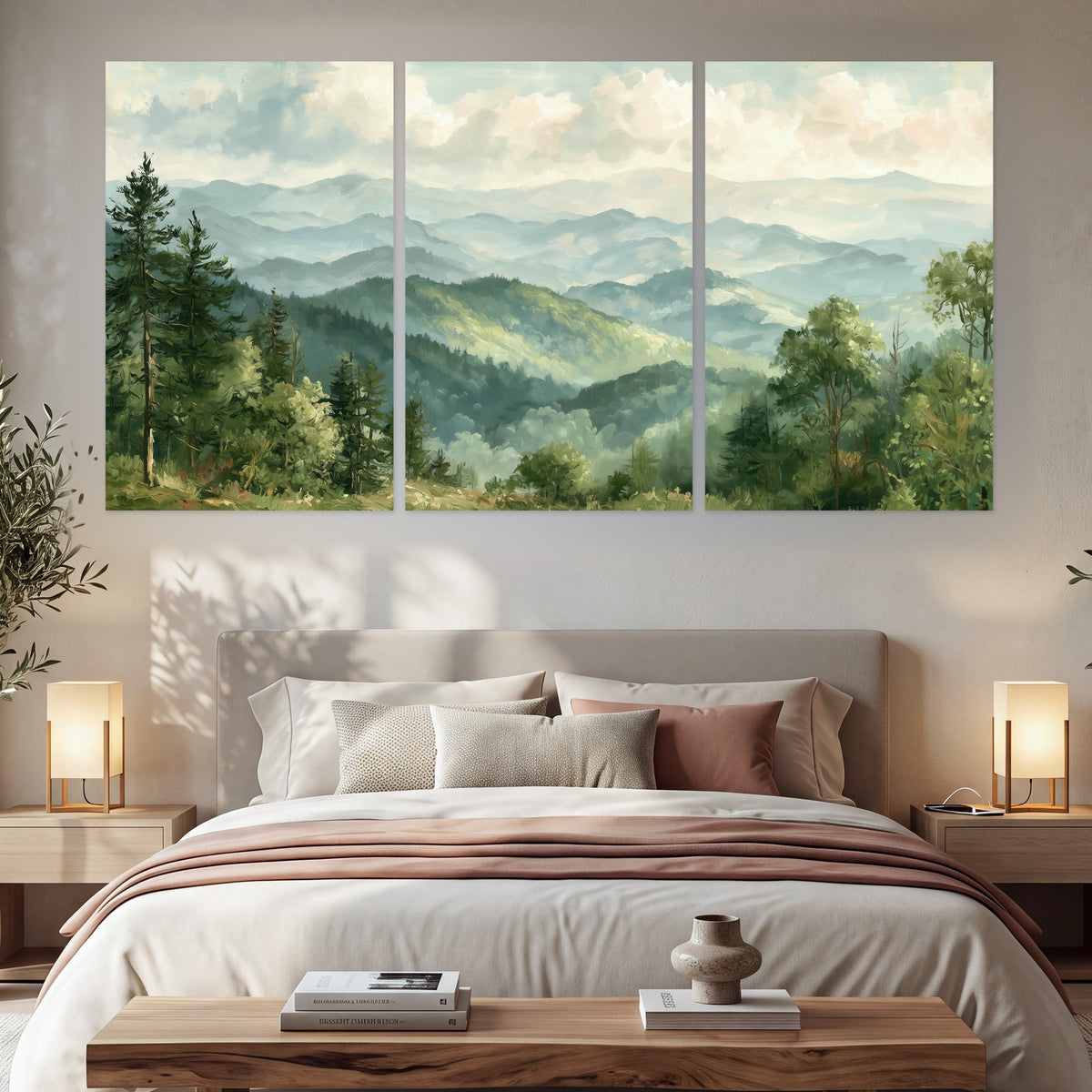 Green mountain valley painting set of 3 poster prints in a bedroom above the bed
