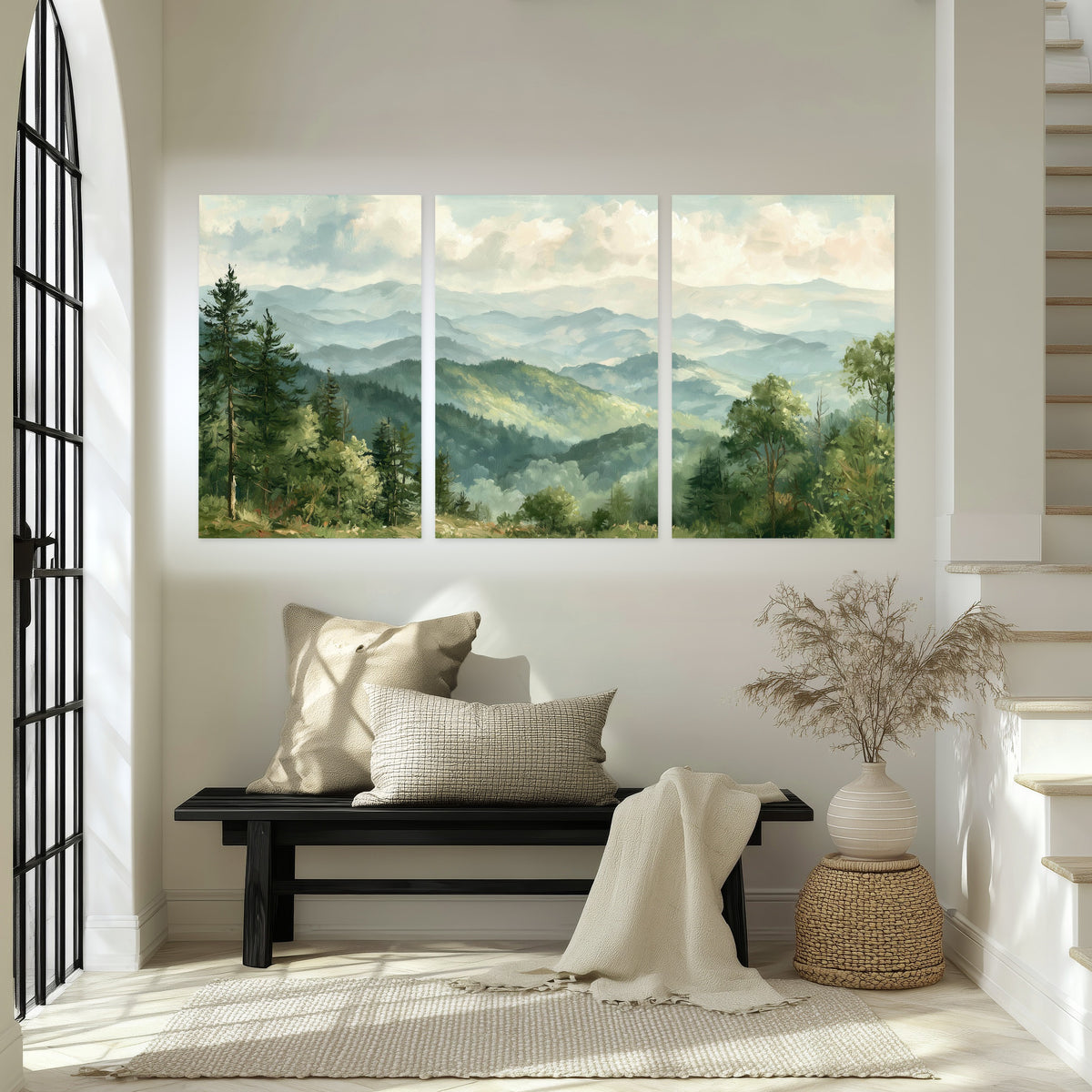 Green mountain valley painting set of 3 poster prints in an entryway above a bench