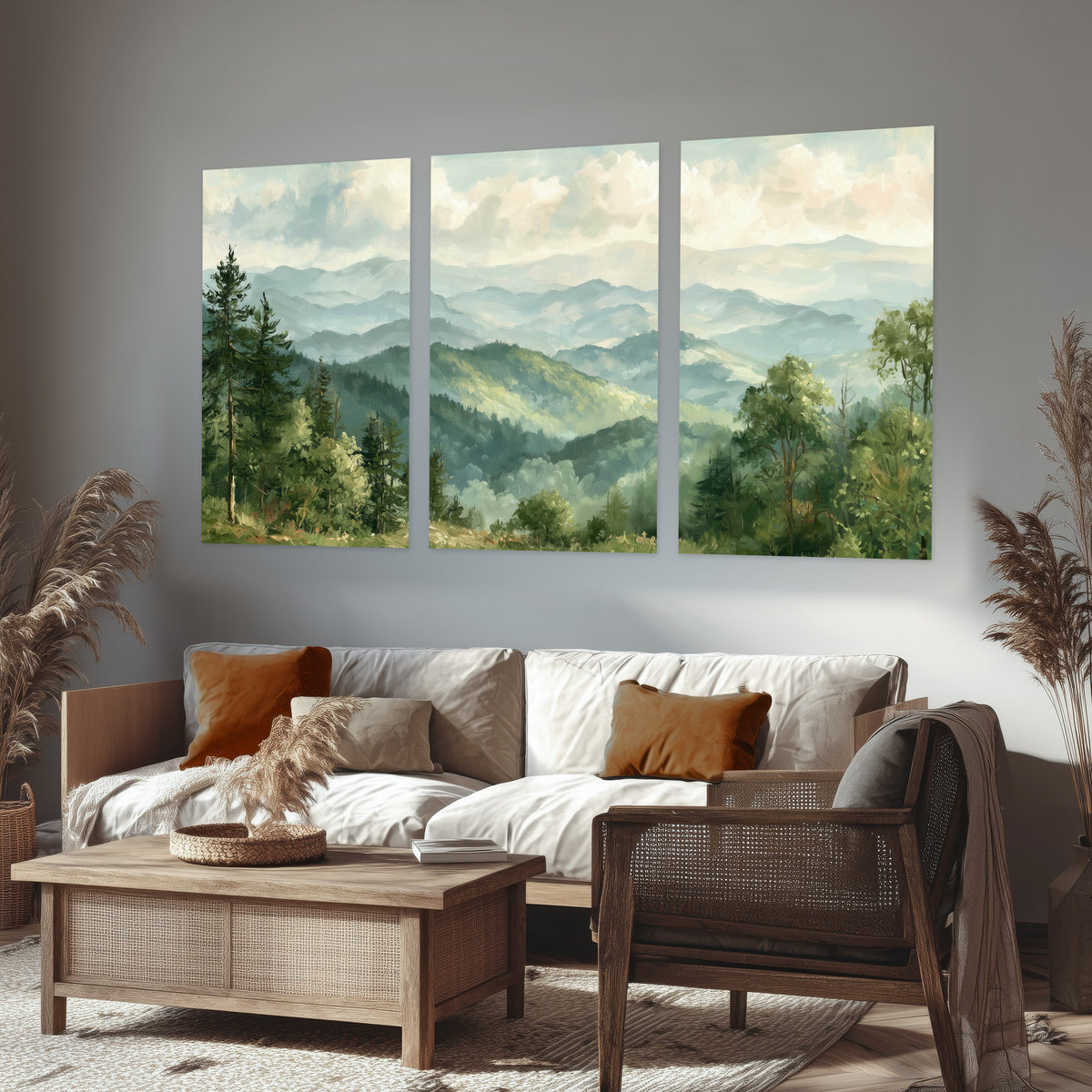 Green mountain valley painting set of 3 poster prints in a rustic living room