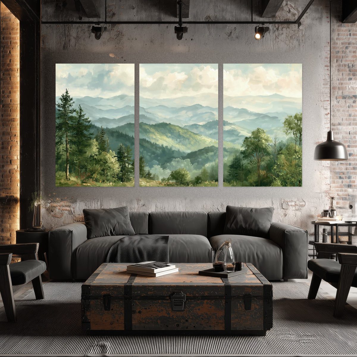 Green mountain valley painting set of 3 poster prints in an industrial loft