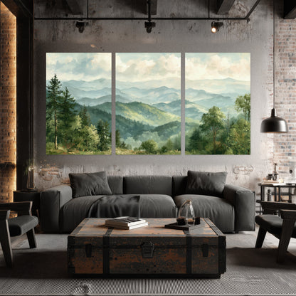 Green mountain valley painting set of 3 poster prints in an industrial loft