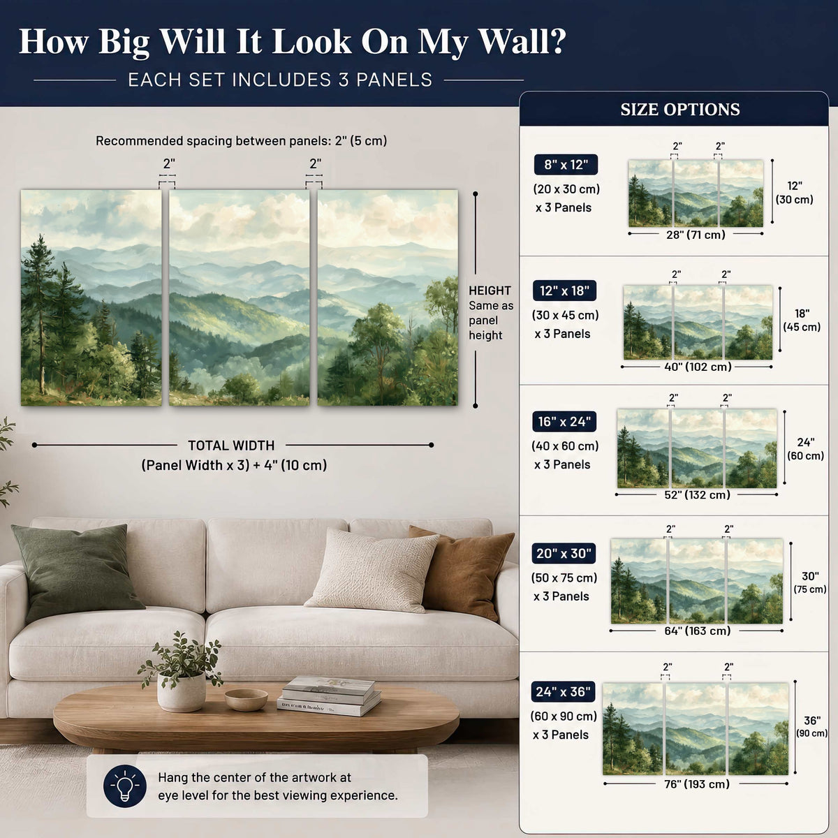 Green mountain valley painting set of 3 poster prints size guide above a sofa