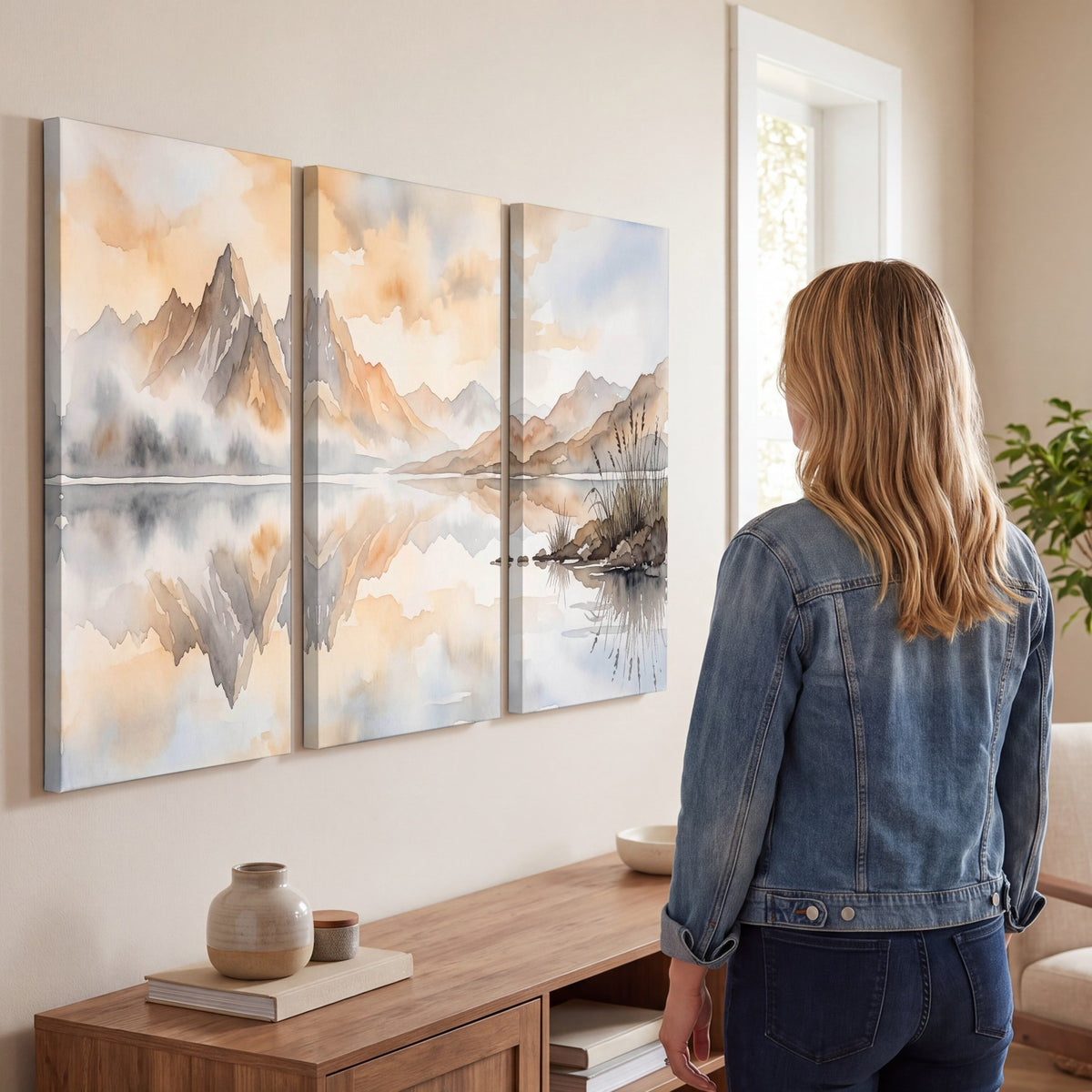 Watercolor mountain lake painting 3 piece canvas wall art in a living room