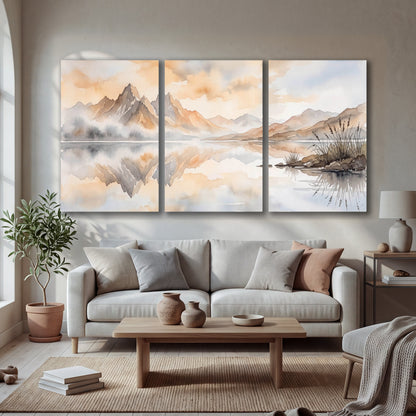 Watercolor mountain lake painting 3 piece canvas wall art in a bright living room